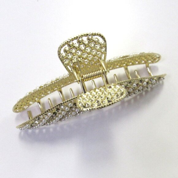 Fancy Dressy Gold Pearl & Rhinestone Hair Clip Jaw Clip Hair Claw Wedding Formal - Picture 3 of 6